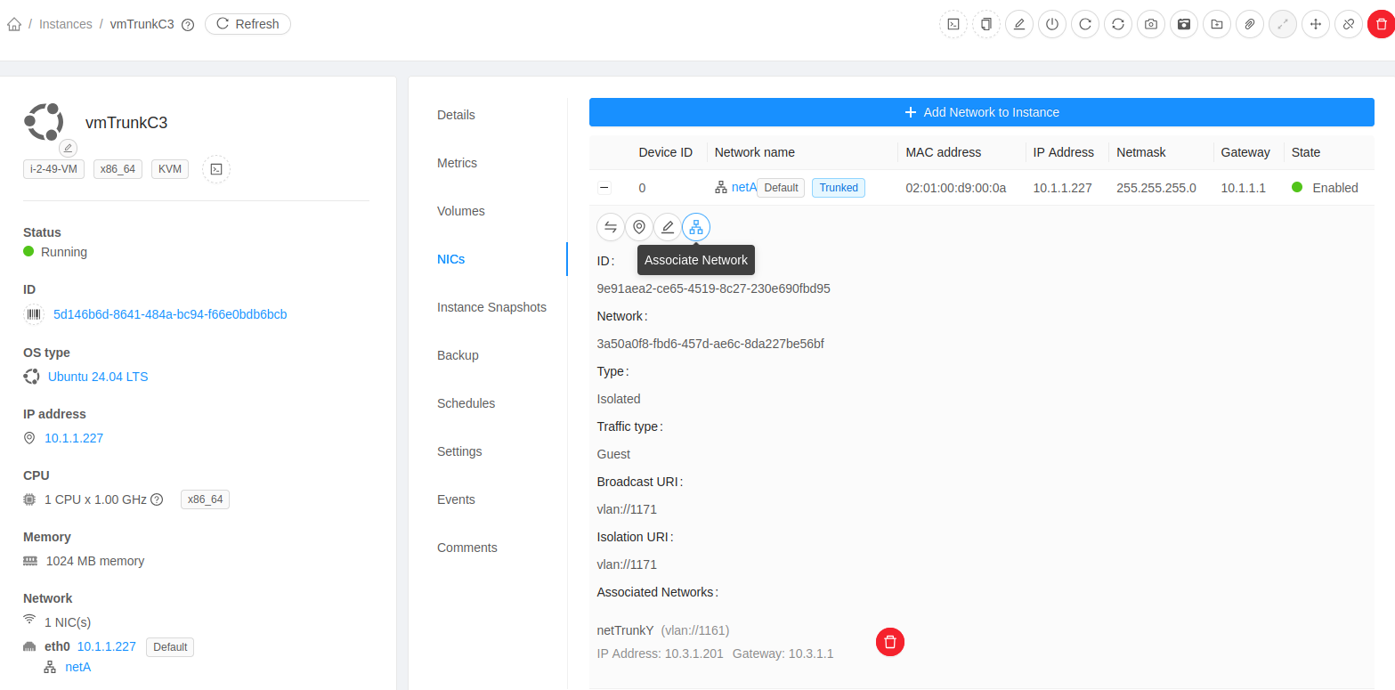 NICs tab showing a NIC's Associate Network action and its existing associated network