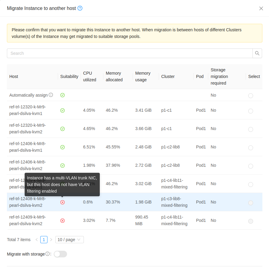 Migrate Instance wizard showing a host marked unsuitable because it lacks VLAN filtering